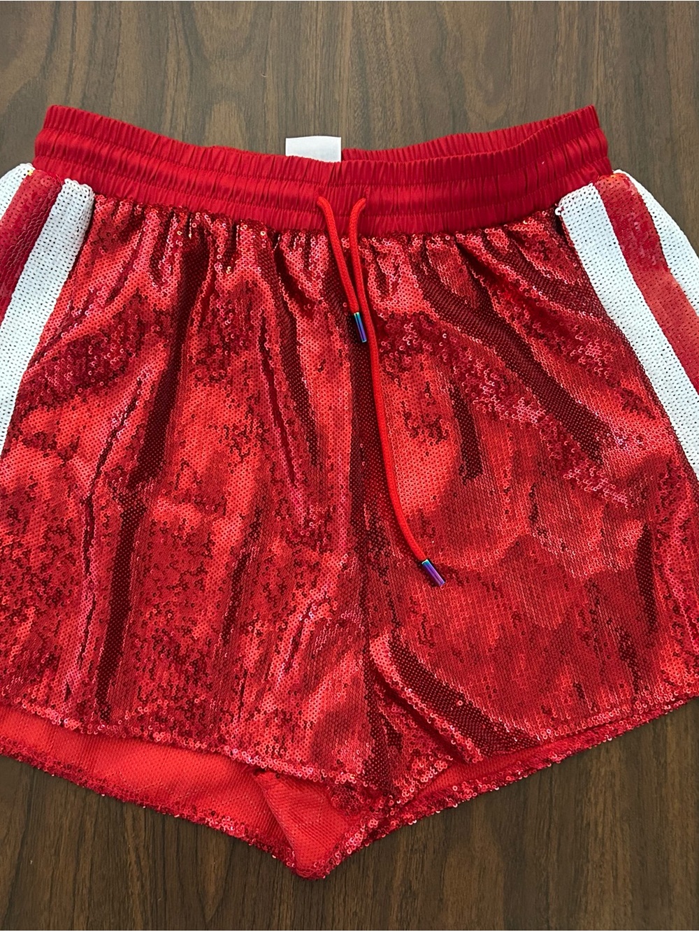 QUEEN OF SPARKLES Red Sequin Athletic Shorts with White Side Panels